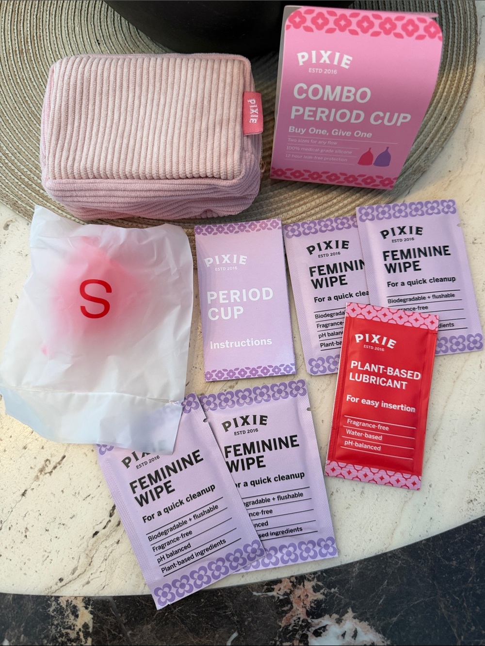 Pixie Pink Small Period Cup Kit with Pink Zip Pouch & Feminine Wipes Sealed